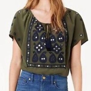 Tory‎ Burch Olive Green Embroidered Silk Blouse